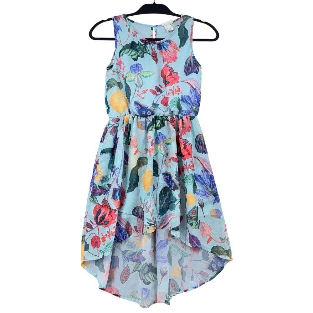 H&M Michelle Morin‎ Floral Lemon High Low Dress Blue Girls 12-14 Womens XS